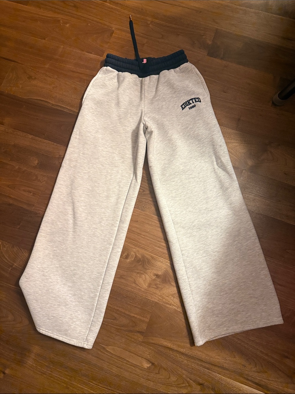 Edikted Light Gray Sweatpants with Black Waistband and Logo